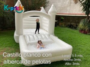 juego inflable blanco, brincolín blanco en forma de castillo, con alberca de pelotas ,rentar inflables en cdmx, k-prichi