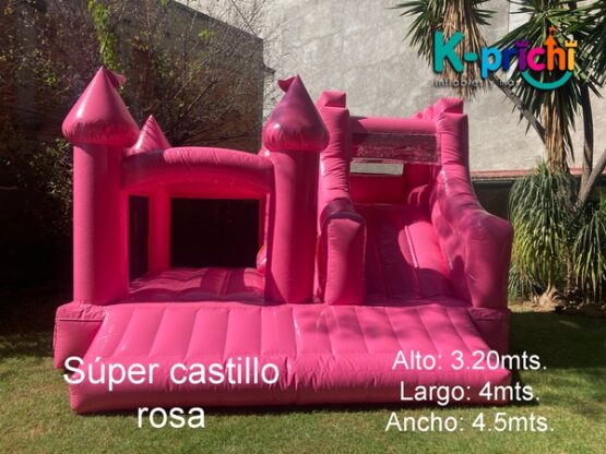 juego inflable rosa, brincolín rosa en forma de castillo, rentar inflables en cdmx, k-prichi