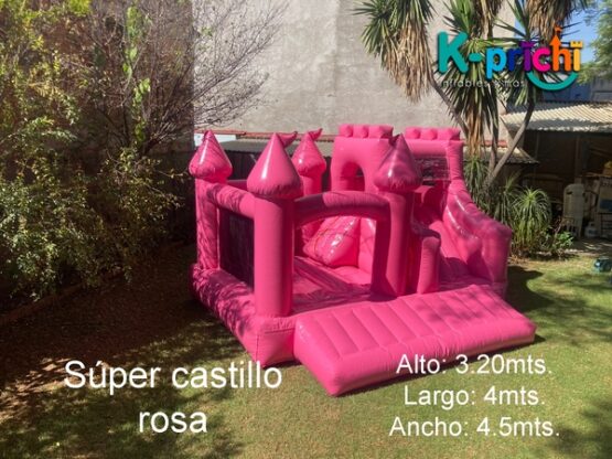 juego inflable rosa, brincolín rosa en forma de castillo, rentar inflables en cdmx, k-prichi