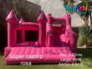 juego inflable rosa, brincolín rosa en forma de castillo, rentar inflables en cdmx, k-prichi