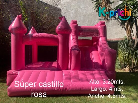 juego inflable rosa, brincolín rosa en forma de castillo, rentar inflables en cdmx, k-prichi