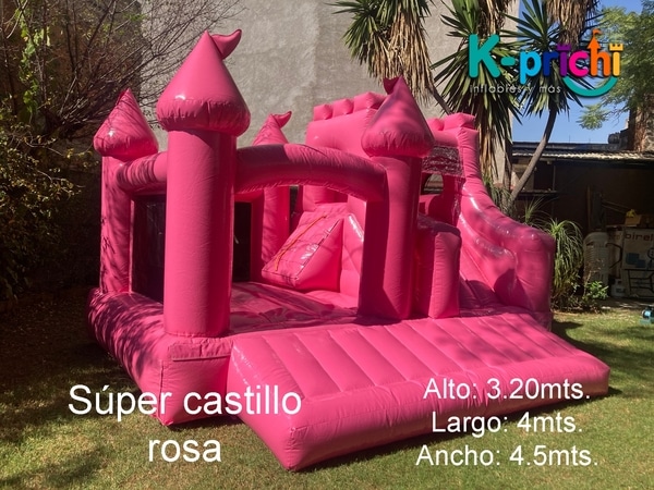 juego inflable rosa, brincolín rosa en forma de castillo, rentar inflables en cdmx, k-prichi