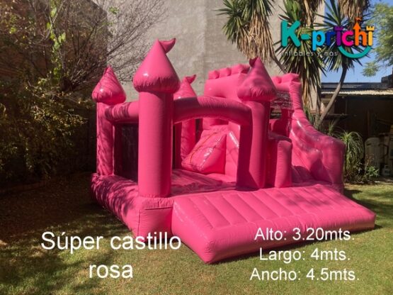 juego inflable rosa, brincolín rosa en forma de castillo, rentar inflables en cdmx, k-prichi