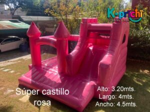 juego inflable rosa, brincolín rosa en forma de castillo, rentar inflables en cdmx, k-prichi