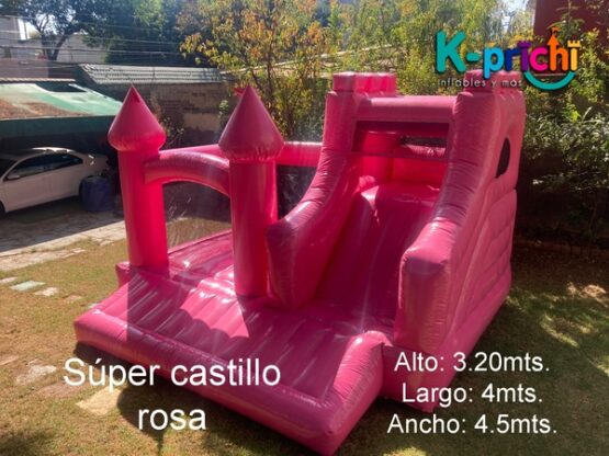 juego inflable rosa, brincolín rosa en forma de castillo, rentar inflables en cdmx, k-prichi