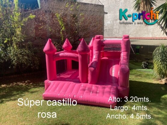 juego inflable rosa, brincolín rosa en forma de castillo, rentar inflables en cdmx, k-prichi